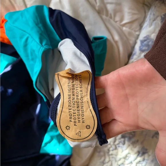 Long-Sleeve Colorblock Zip Front One-Piece Swimsuit - Navy, Teal & Orange - Picture 4 of 8